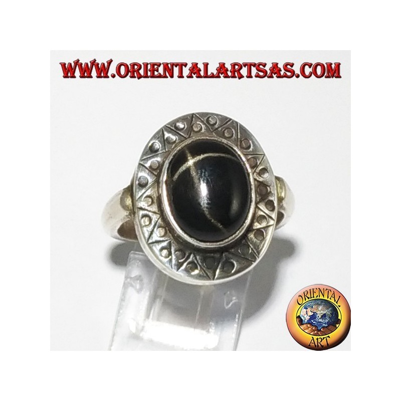 Anillo de Plata con Negro estrella con el borde cincelado