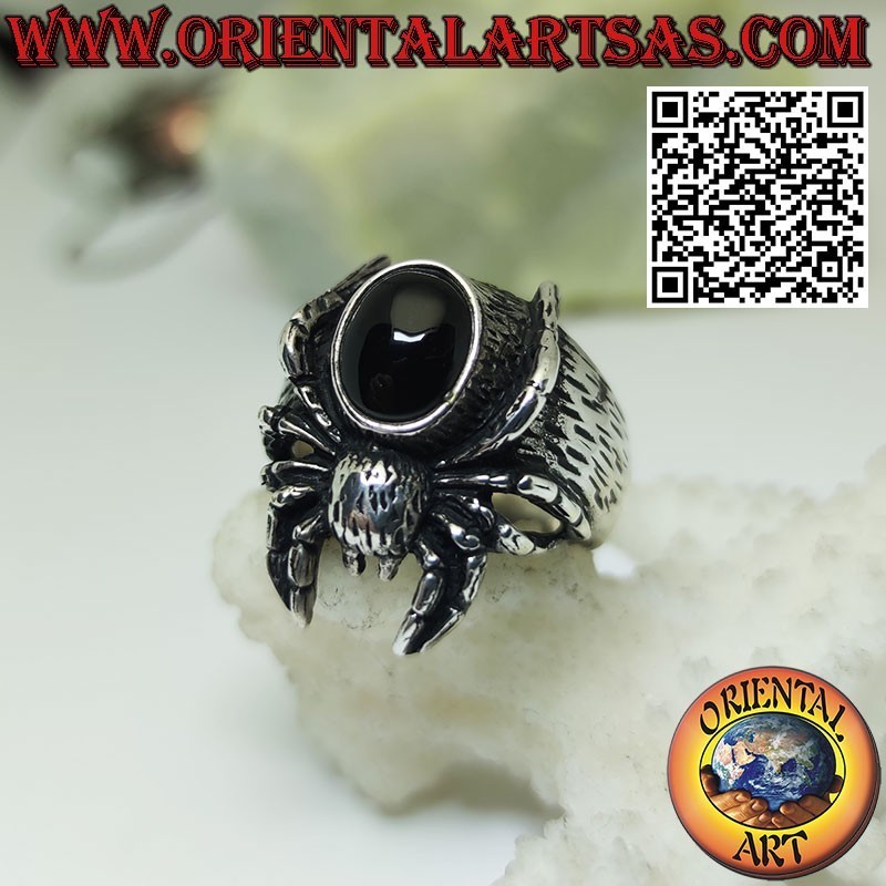 Anello in argento di un ragno Tarantola con onice ovale tridimensionale