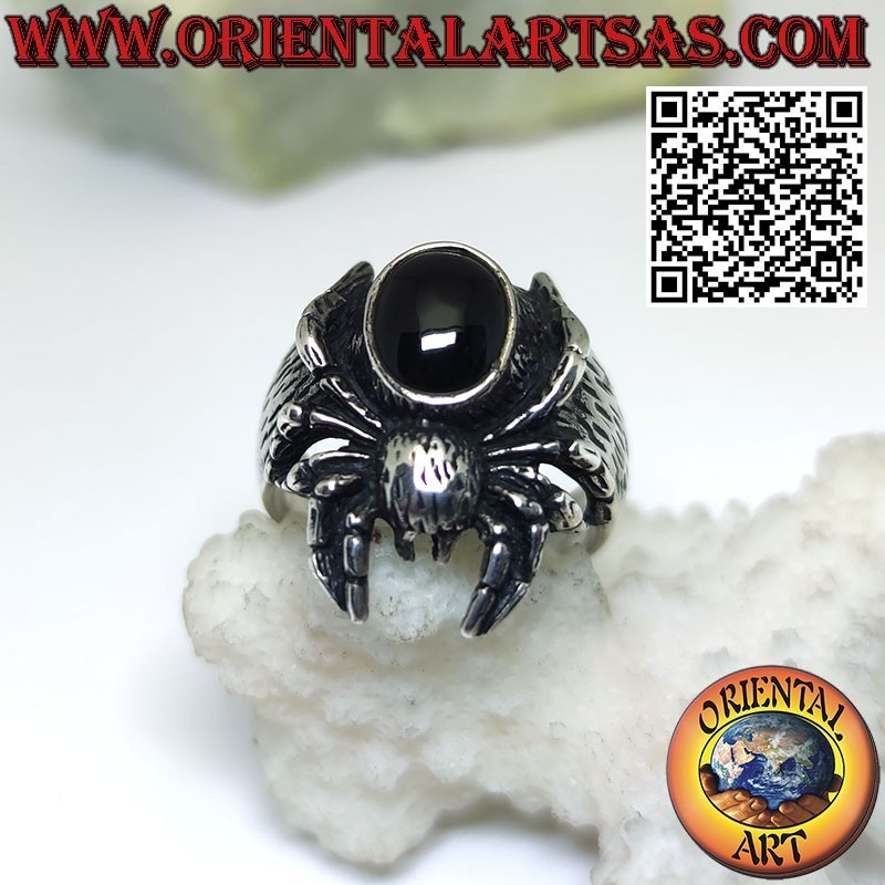 Anello in argento di un ragno Tarantola con onice ovale tridimensionale