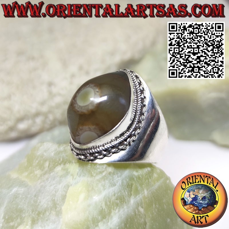 Anillo de plata con lanzadera de ágata ojo de Shiva beige y borde de cadena en engaste liso (e)