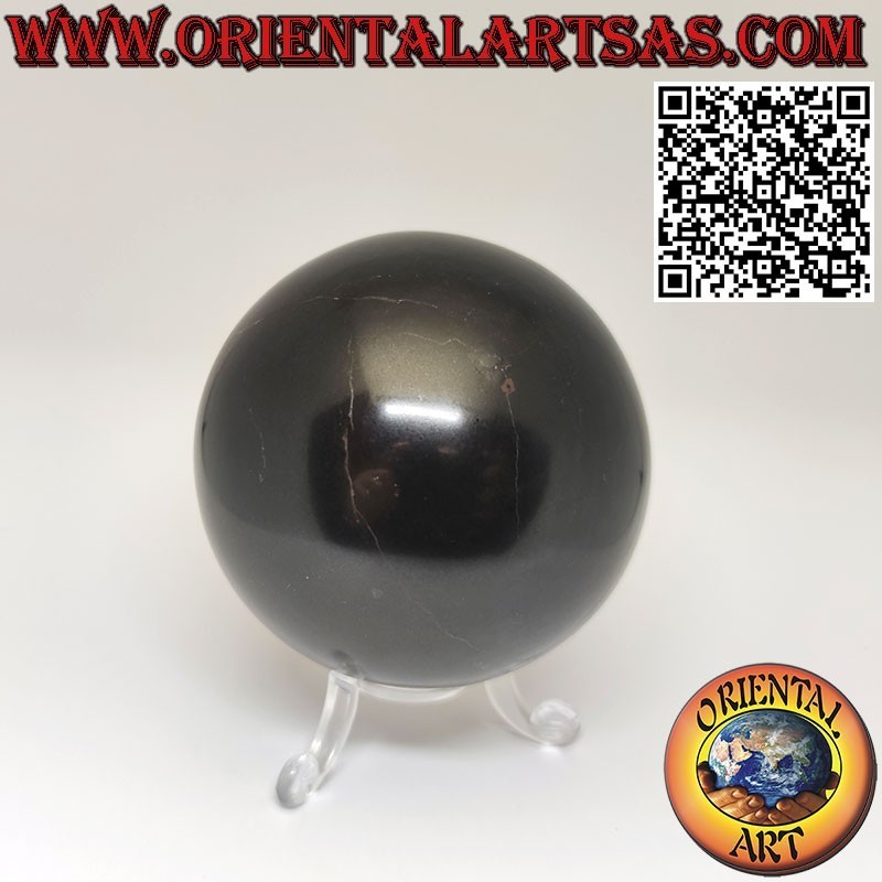 Natural black obsidian sphere with a diameter of 7 cm, with a 3-foot base