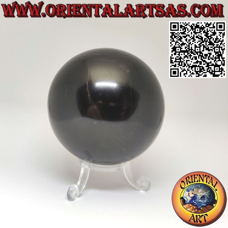 Sfera di Ossidiana nera naturale del diametro cm 7, con base a 3 piedi