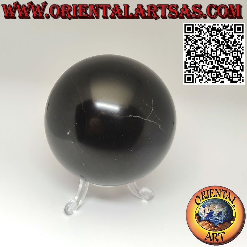 Natural black obsidian sphere with a diameter of 7 cm, with a 3-foot base