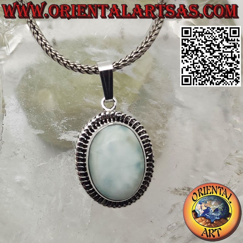 Silver pendant with oval natural larimar and striped edge