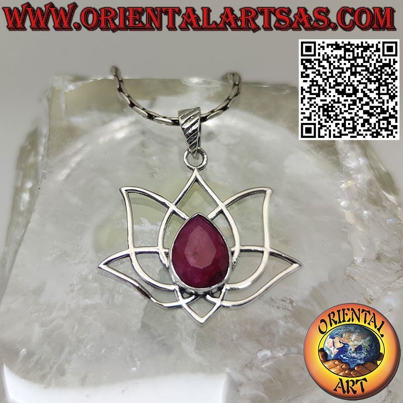 Silver pendant Sacred lotus flower for Buddhism with natural ruby
