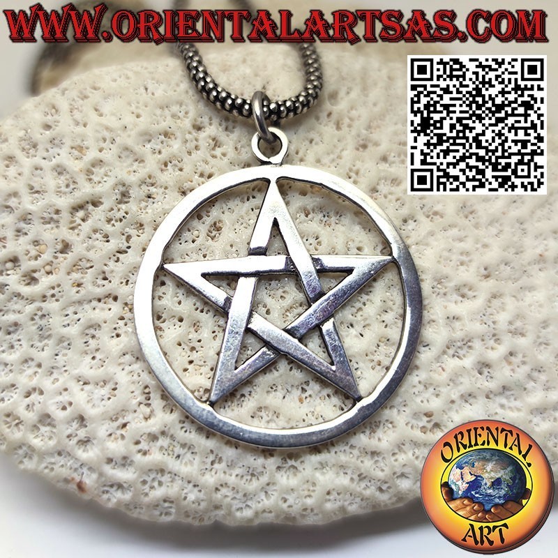 Colgante de plata con estrella pentagrama entrelazada en círculo, grande
