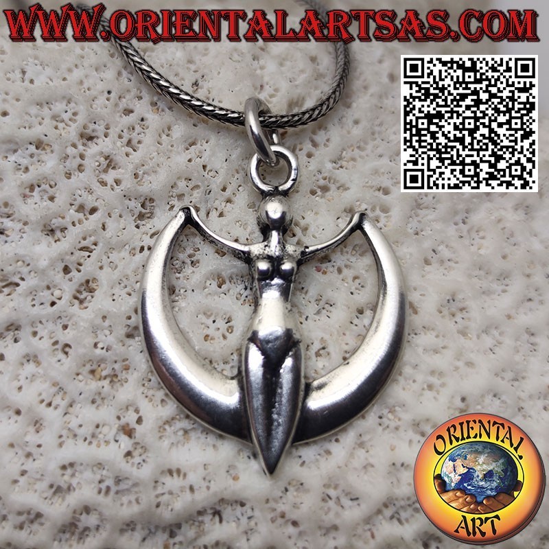 Colgante de plata del poder de la diosa wicca en amuleto de luna creciente