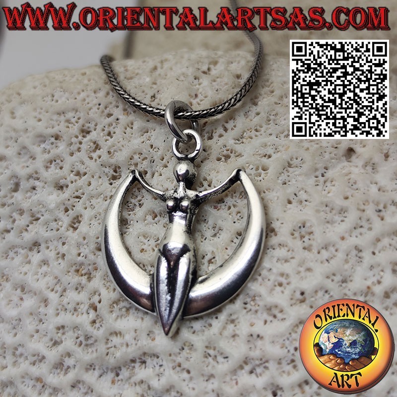 Silberner Anhänger der Macht der Wicca-Göttin auf Mondsichelamulett