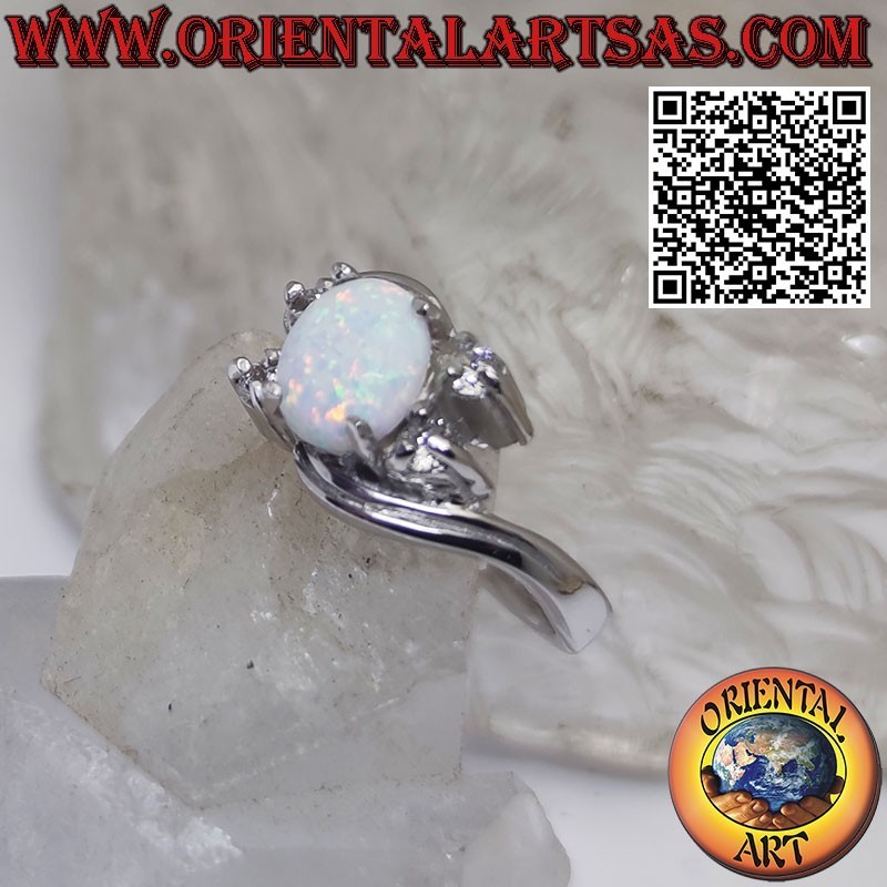 Silver ring with oval harlequin opal set and asymmetric zircons