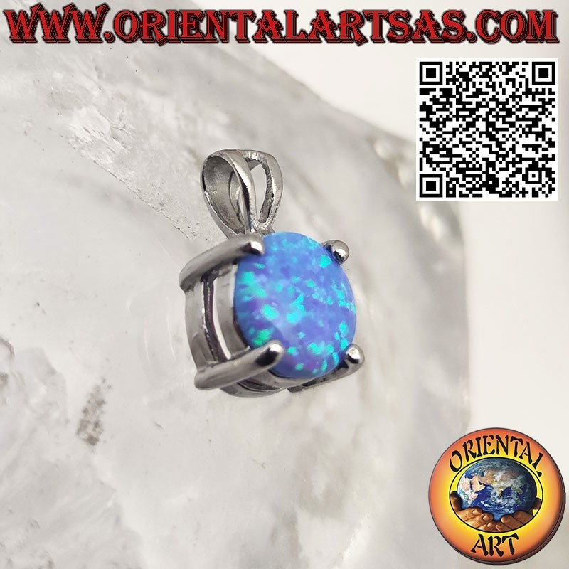 Silver pendant with a round blue opal set in four prongs
