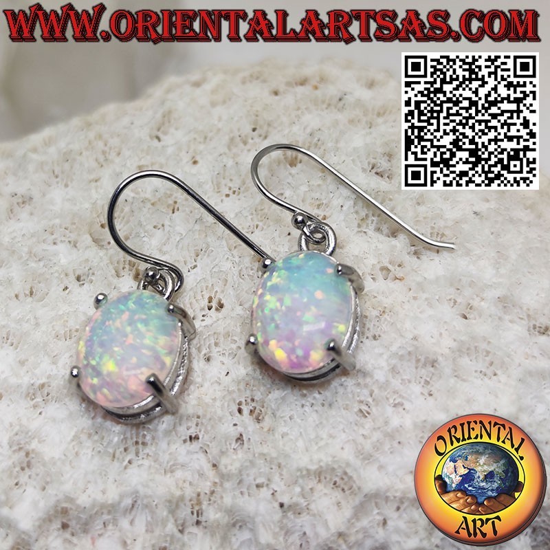Silver earrings with oval harlequin opal with smooth edge