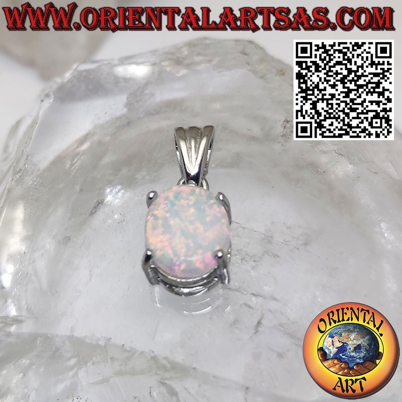 Silver pendant with oval harlequin opal set in prongs