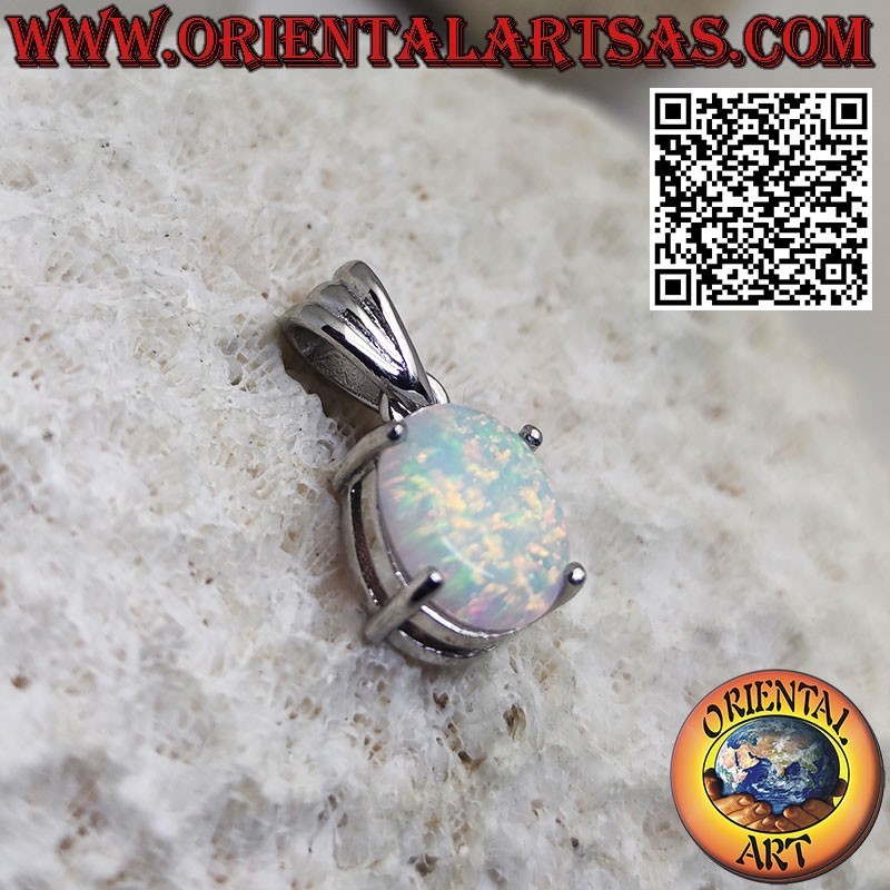 Silver pendant with oval harlequin opal set in prongs