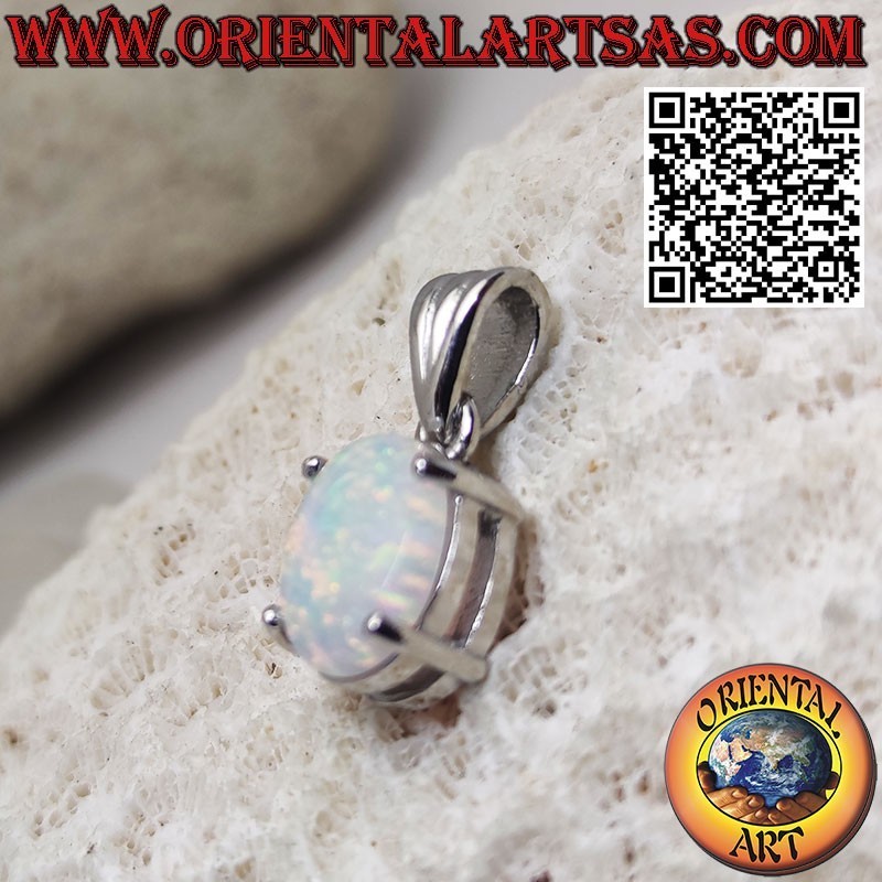 Silver pendant with oval harlequin opal set in prongs