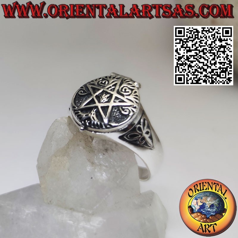 Silberner Giftbox-Ring, Pentagramm und Lebensbaum
