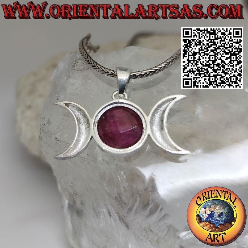 Ciondolo in argento della luna triplice dea (wicca) con rubino naturale