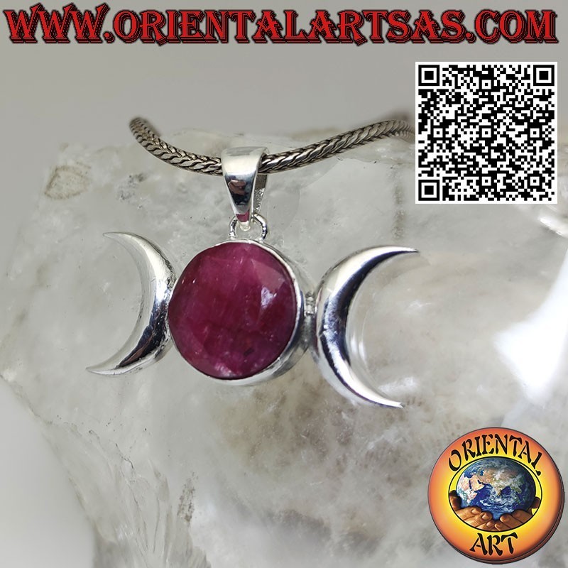 Pendentif en argent triple déesse lune (Wicca) avec rubis naturel