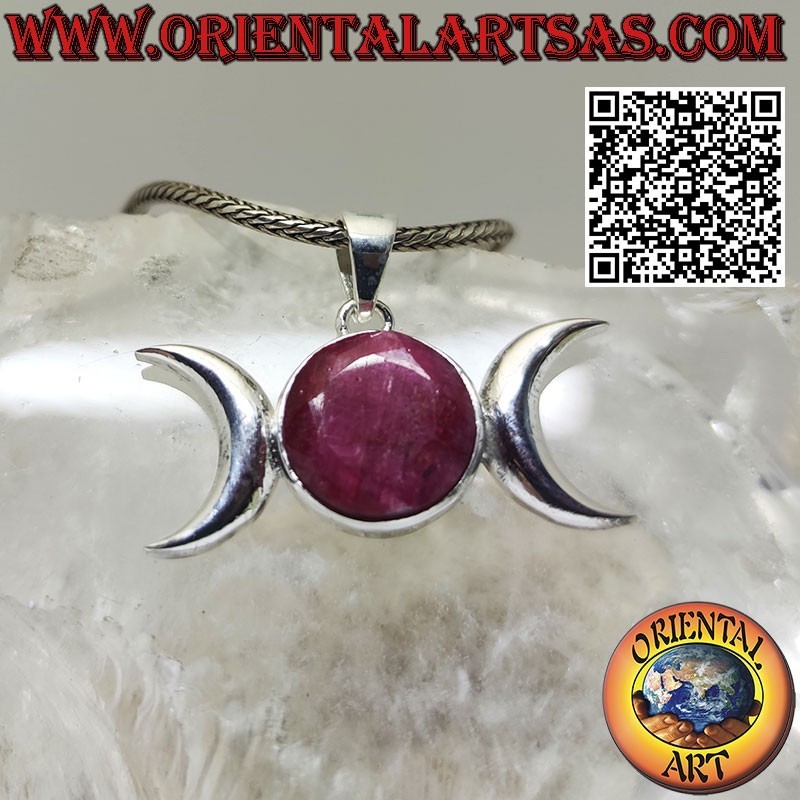 Ciondolo in argento della luna triplice dea (wicca) con rubino naturale