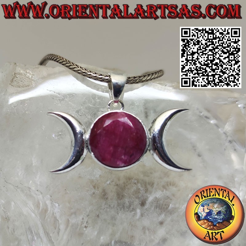 Pendentif en argent triple déesse lune (Wicca) avec rubis naturel