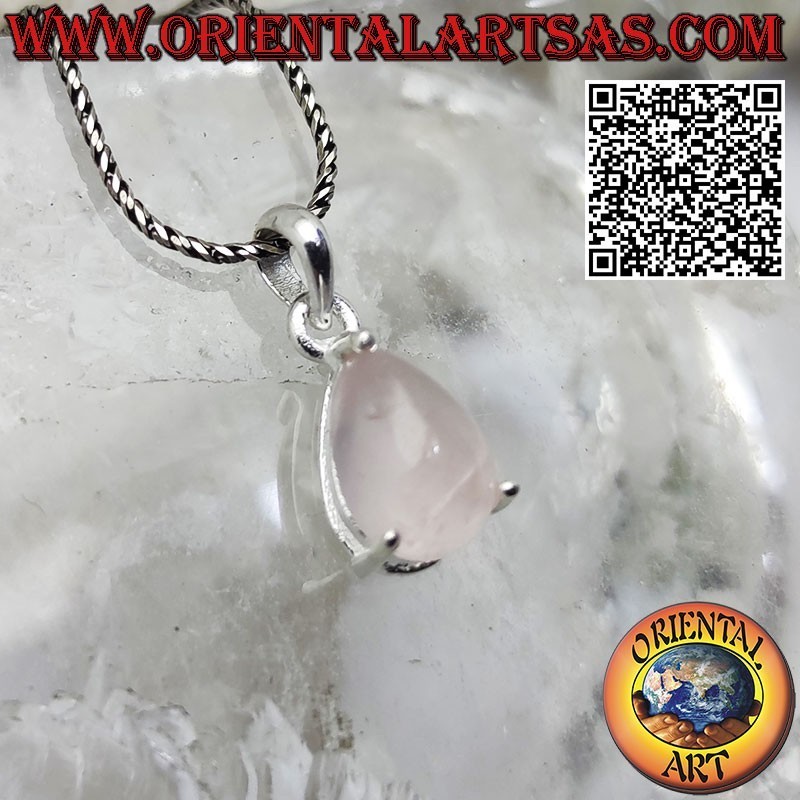 Ciondolo in argento con quarzo rosa naturale a goccia incastonato griffe