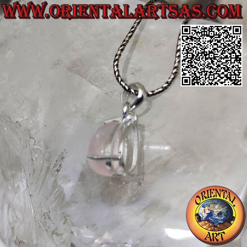 Colgante de plata con cuarzo rosa natural en forma de gota engastado en garras