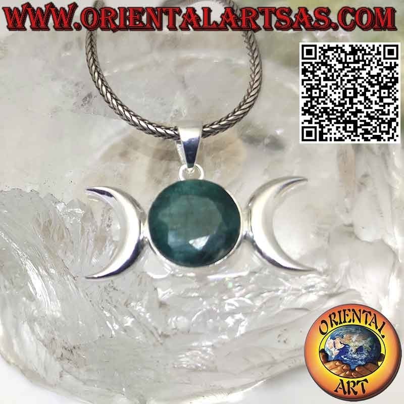 Colgante de plata diosa wicca triple luna con esmeralda natural redonda