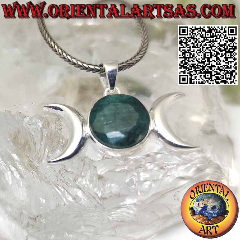 Triple moon wicca goddess silver pendant with round natural emerald