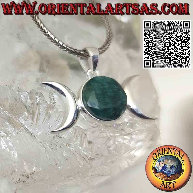 Pendentif en argent triple lune déesse wicca avec émeraude naturelle ronde