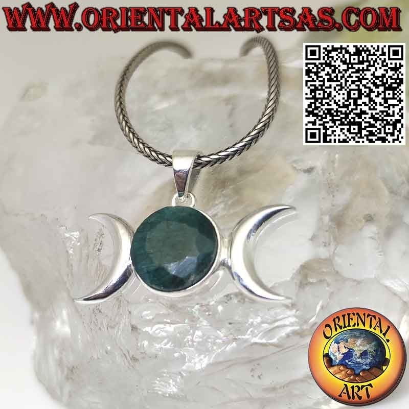 Colgante de plata diosa wicca triple luna con esmeralda natural redonda