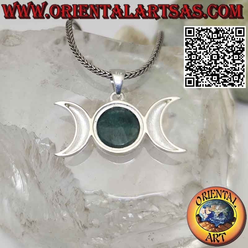 Triple moon wicca goddess silver pendant with round natural emerald