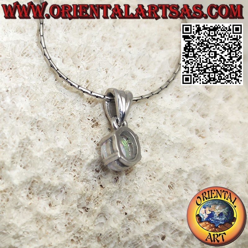 Silver pendant with small oval harlequin opal set in prongs