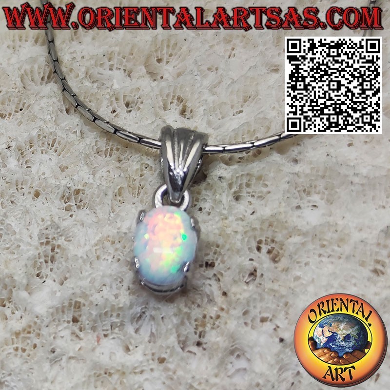 Silver pendant with small oval harlequin opal set in prongs