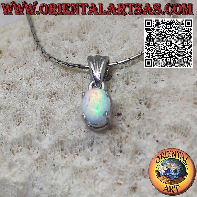 Silver pendant with small oval harlequin opal set in prongs