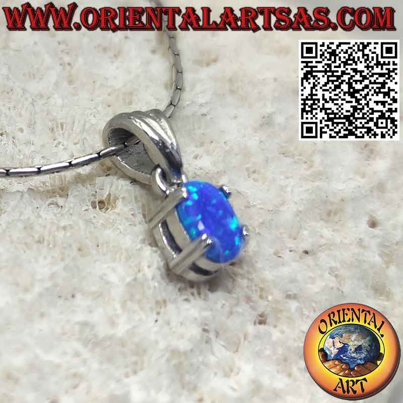 Silver pendant with small oval blue opal prong set