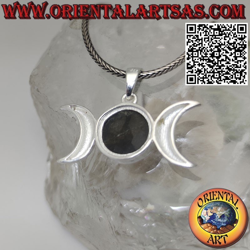 Pendentif en argent déesse wicca triple lune avec labradorite naturelle ronde