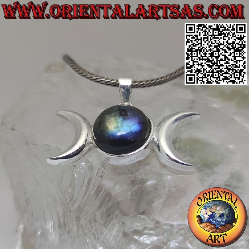 Triple moon wicca goddess silver pendant with round natural labradorite