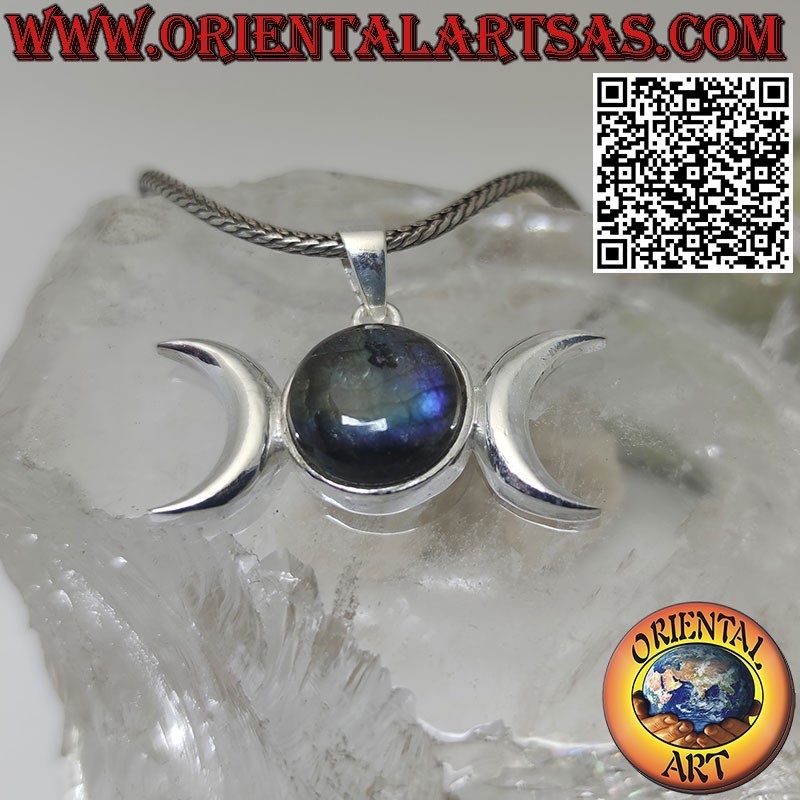 Colgante de plata diosa wicca triple luna con labradorita natural redonda