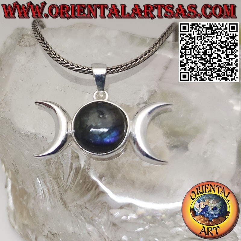 Ciondolo in argento triplice luna dea wicca con labradorite naturale tonda