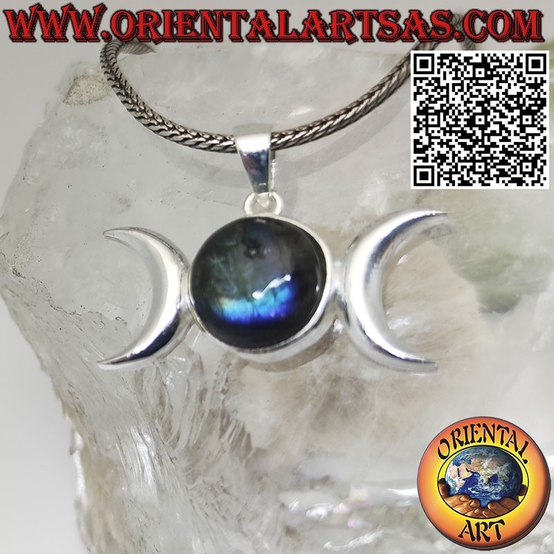 Colgante de plata diosa wicca triple luna con labradorita natural redonda
