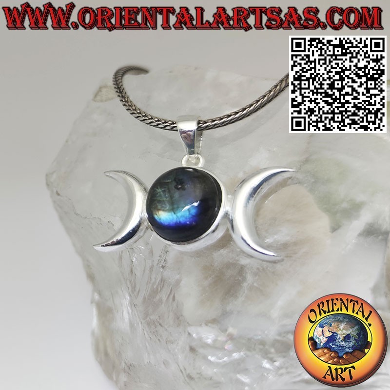 Pendentif en argent déesse wicca triple lune avec labradorite naturelle ronde