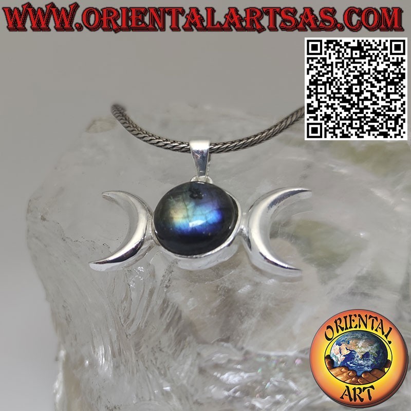 Colgante de plata diosa wicca triple luna con labradorita natural redonda