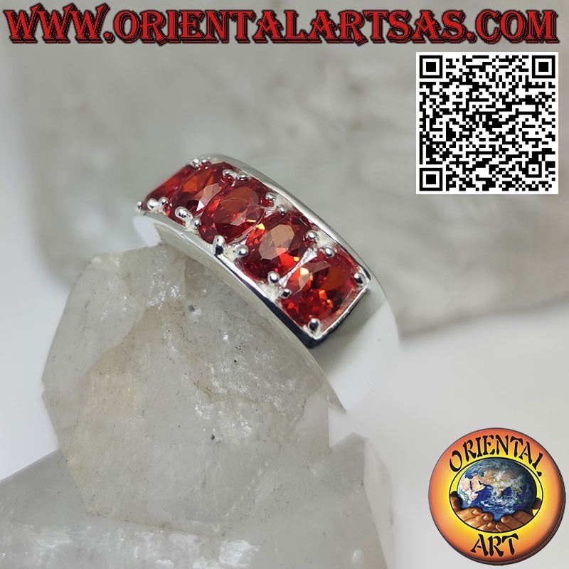Bague en argent avec 5 grenats ovales côte à côte