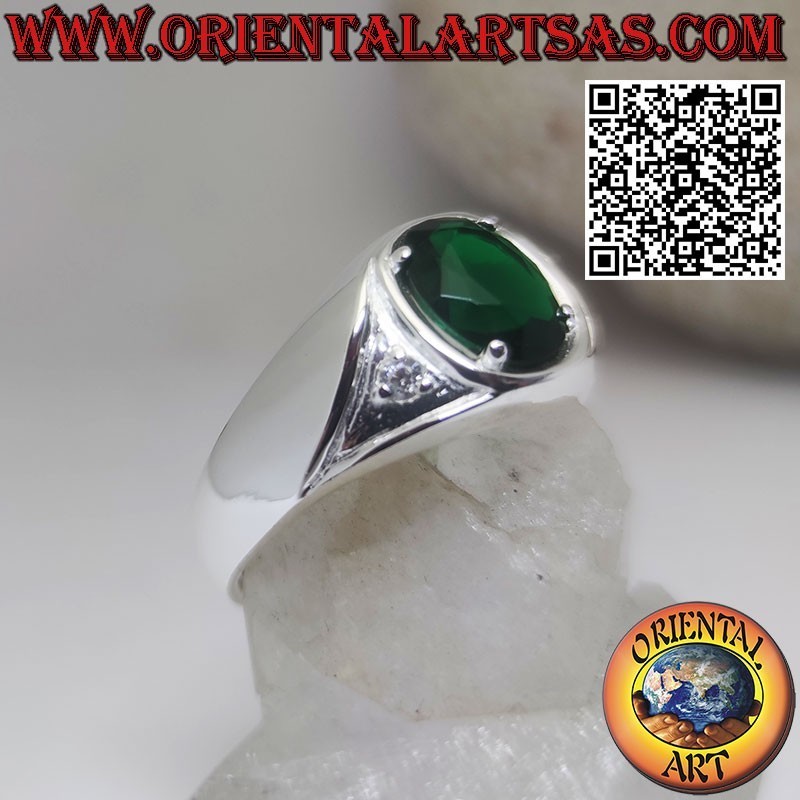 Silver ring with oval synthetic emerald set and zircons