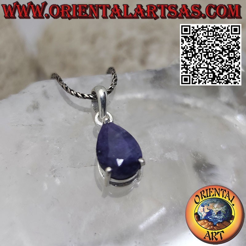 Pendentif en argent avec saphir naturel en forme de goutte serti sur griffes