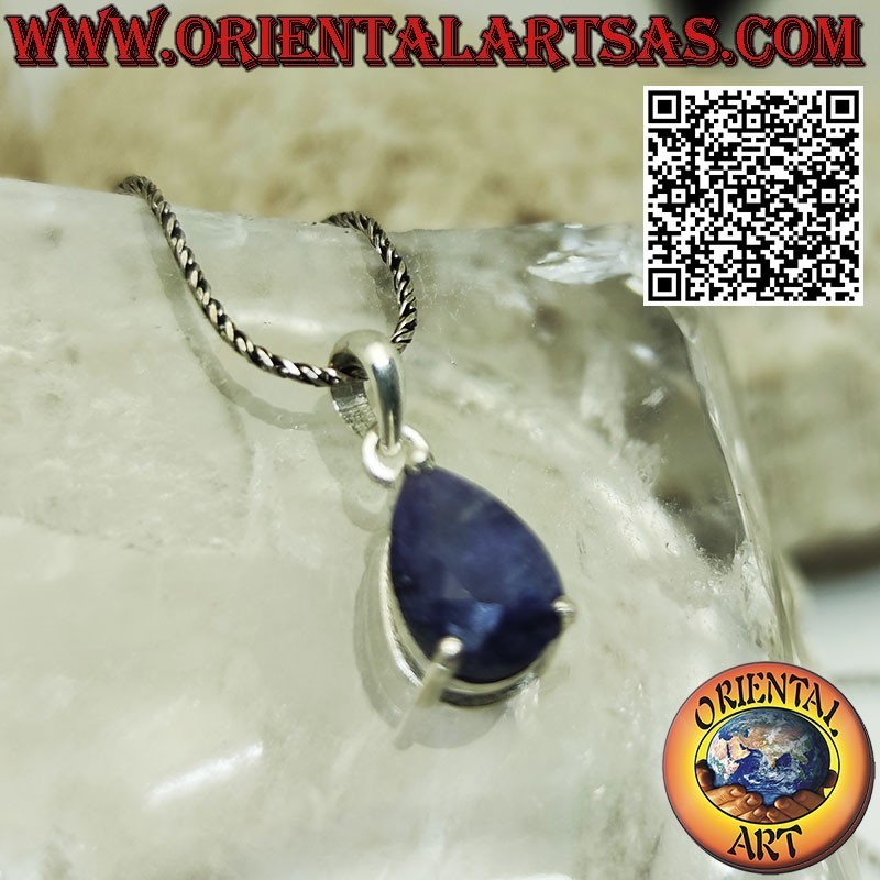Colgante de plata con zafiro natural en forma de gota engastado en garras