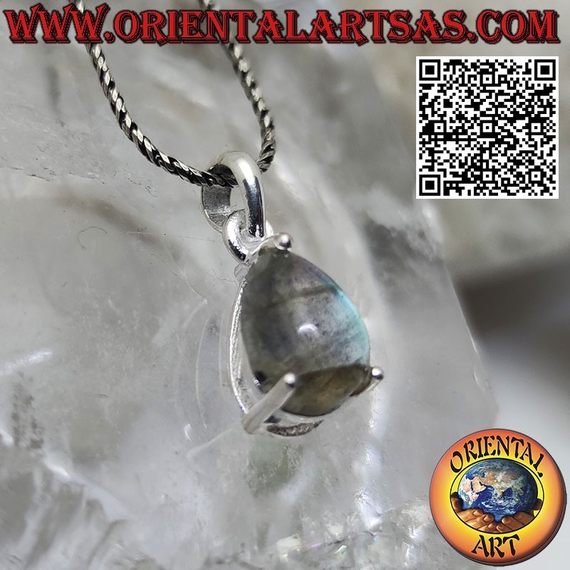 Colgante de plata con labradorita natural en forma de gota engastada en garras