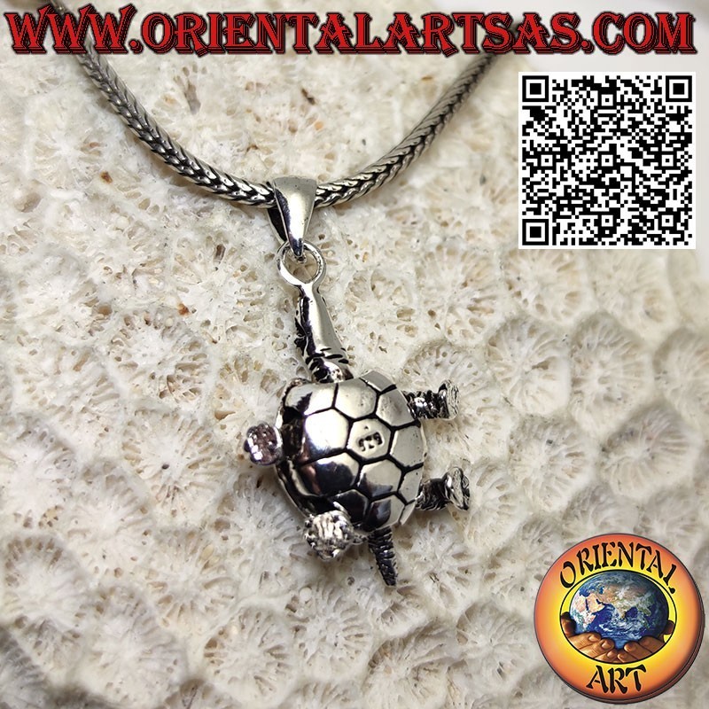 Silver pendant mobile land turtle moves head feet tail