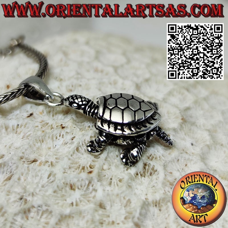Silver pendant mobile land turtle moves head feet tail