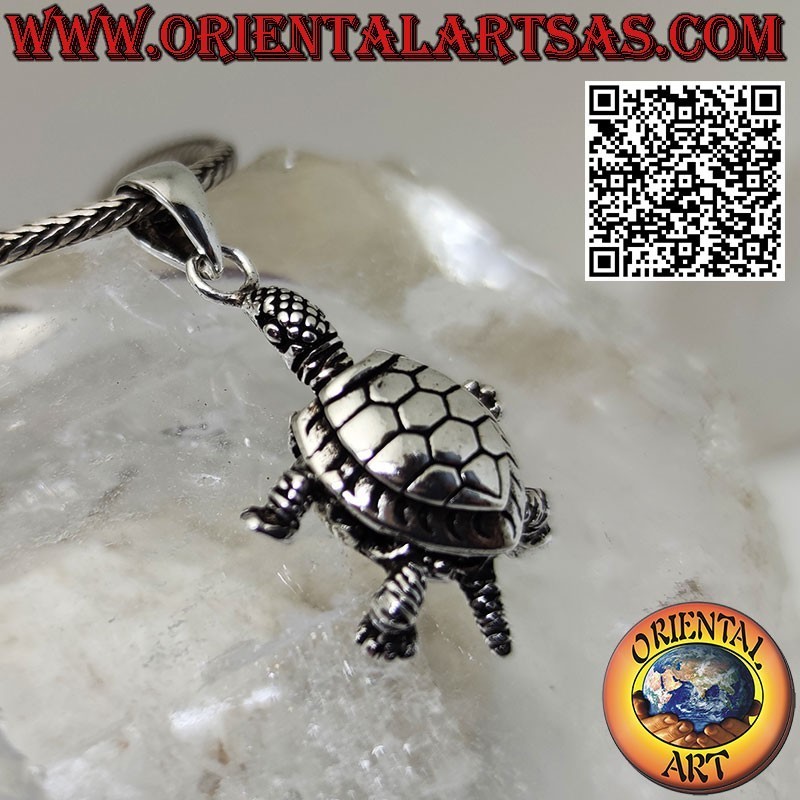 Silver pendant mobile land turtle moves head feet tail