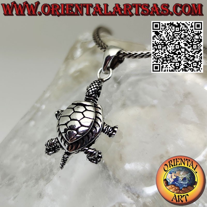 Silver pendant mobile land turtle moves head feet tail
